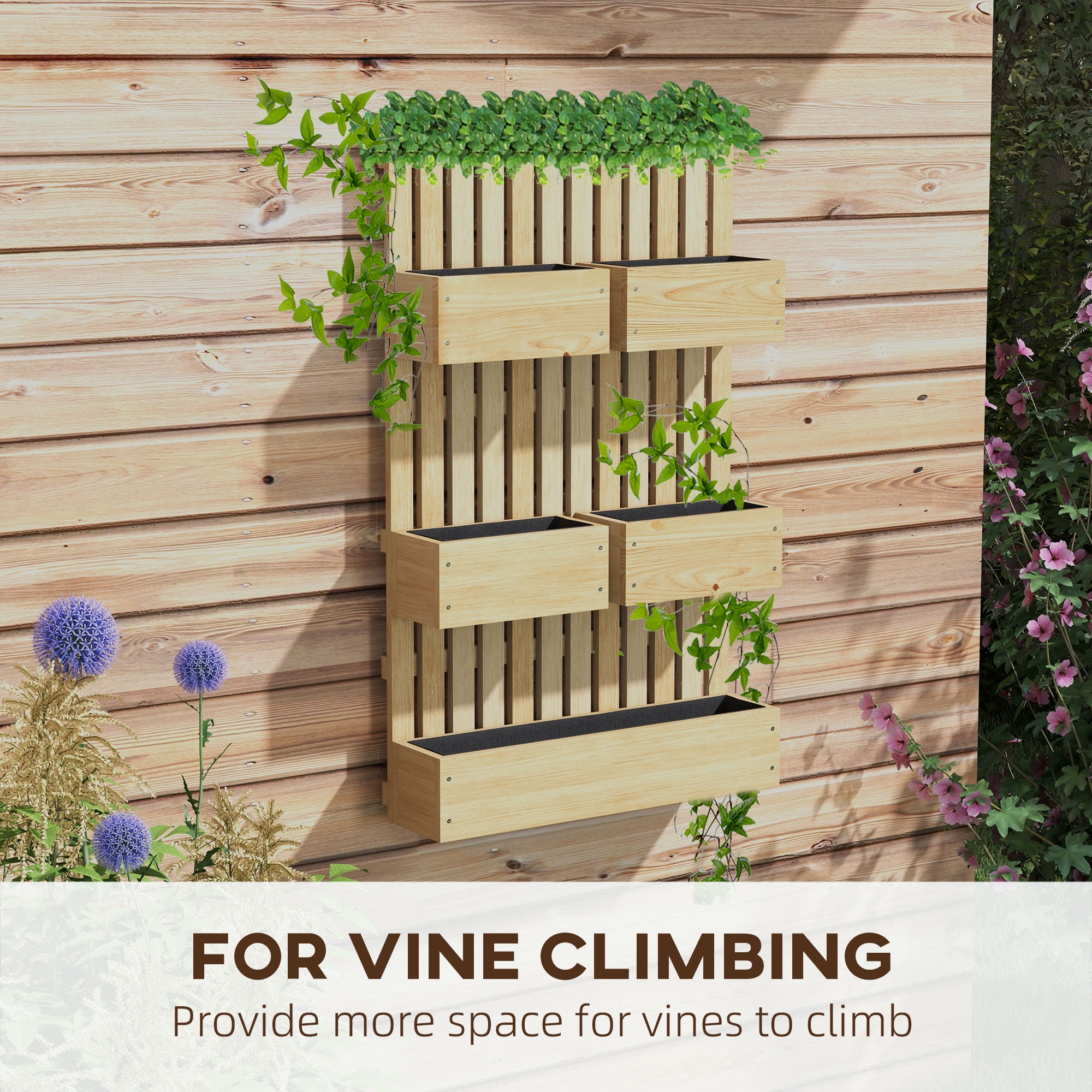 AsterOutdoor 5 Box Raised Garden Bed Wooden Planter Box with Trellis Adjustable 39" Tall Vine Climbing Plant Wall Garden Set Natural Wood