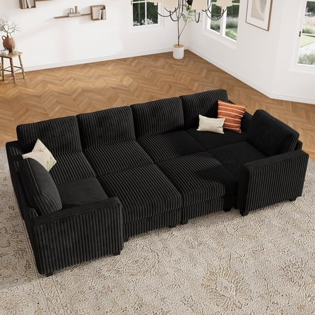 HONBAY Black 126" 8-Piece Modular Sleeper Sectional with Storage Ottomans, Pet Friendly Wide Corduroy Sofa Bed, Cloud-Like Comfort