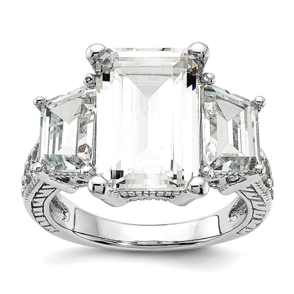 12.75mm 925 Sterling Silver Rhodium Plated Fancy Emerald-cut and Brilliant-cut CZ 3 Stone Ring Size 9 Ring for Women