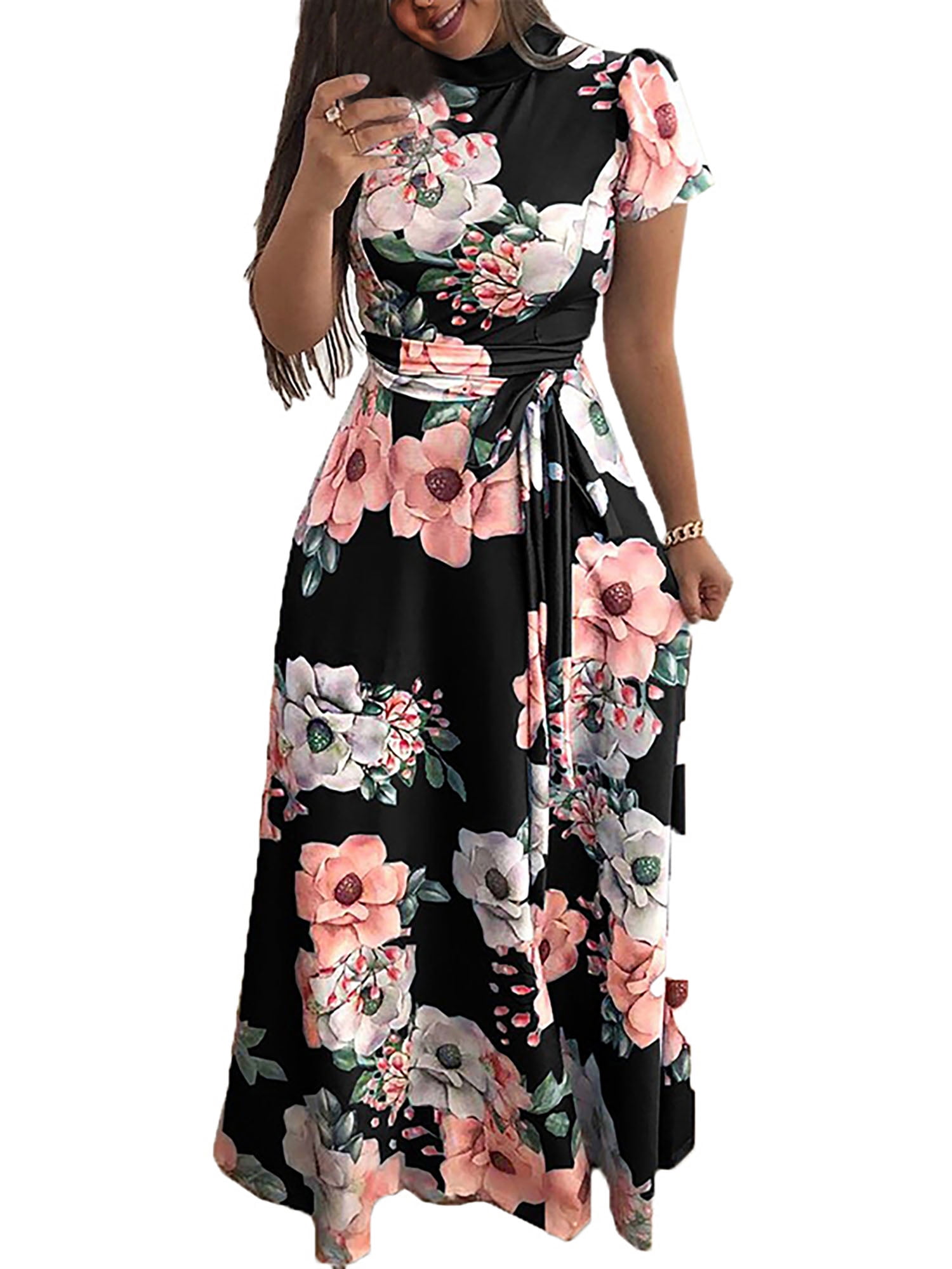 Lumento Women's Floral Maxi Dress Short Sleeve Maxi Long Dresses