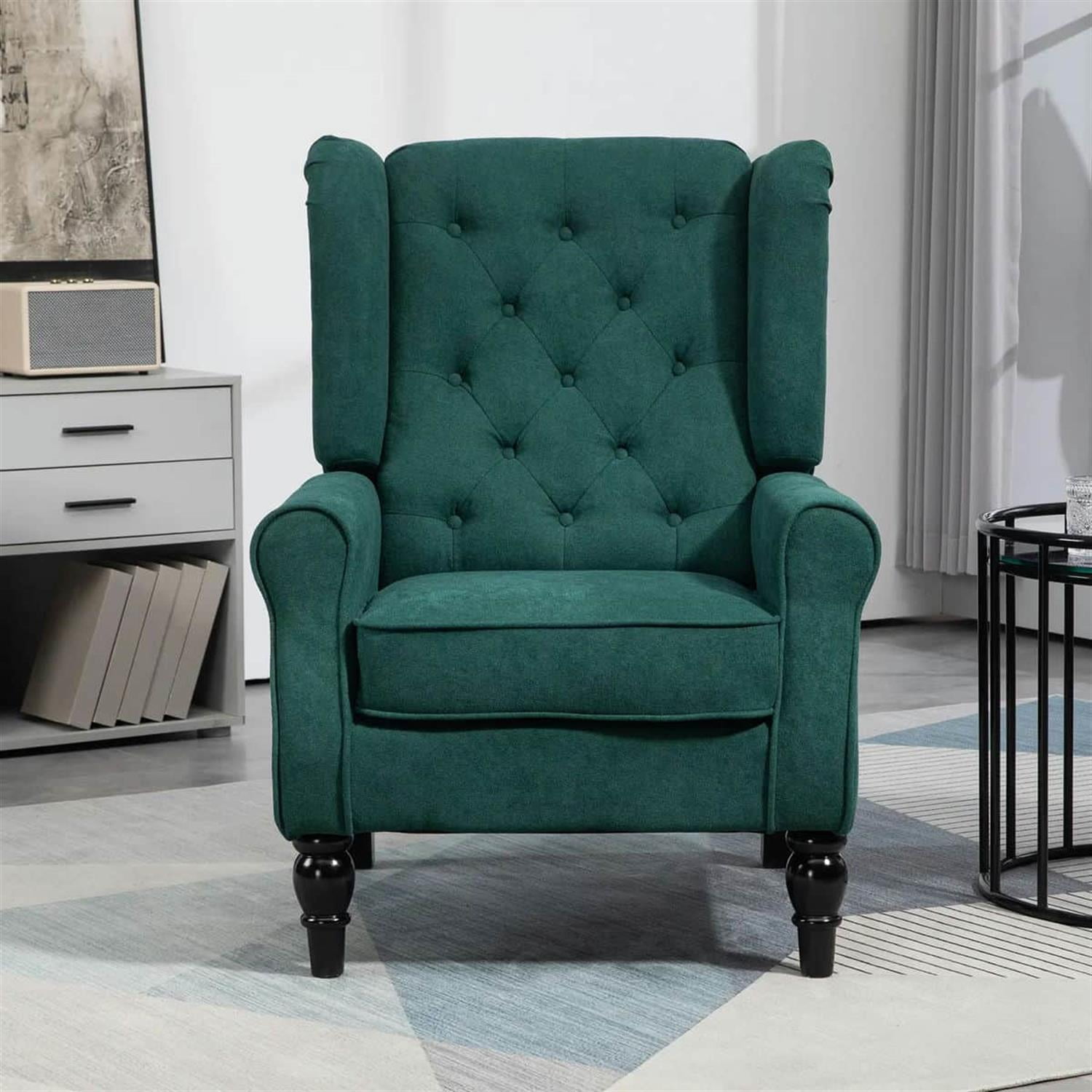 Demi Bonn 40" Modern Upholstered Armchair with High Back Button Tufted, Mid-Century Retro Wood Leg Chair for Living Room, Bedroom, Green