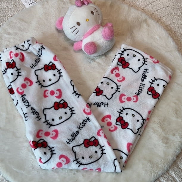 Sanrio Hello Kitty pijamas pantalones negro Rosa Anime franela mujeres cálido lana blanco dibujos animados Casual casa pantalón otoño Grils pantalones