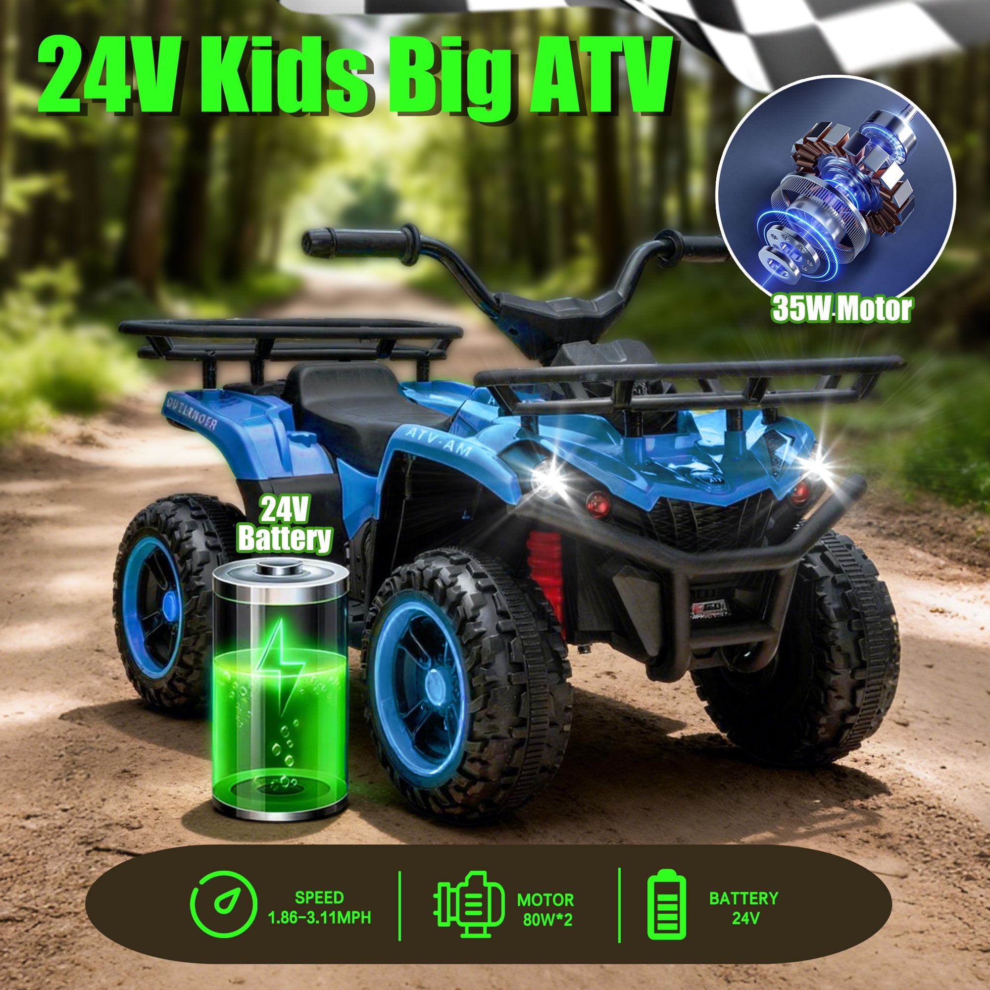 iYofe 24V Big Kids Ride on ATV Quad, Electric 4 Wheeler for Kids 3-6 with Battery Display, Anti-Slip Tires, LED Headlights, Bluetooth, MP3, Storage Racks, Gifts for Birthday & Christmas, Blue