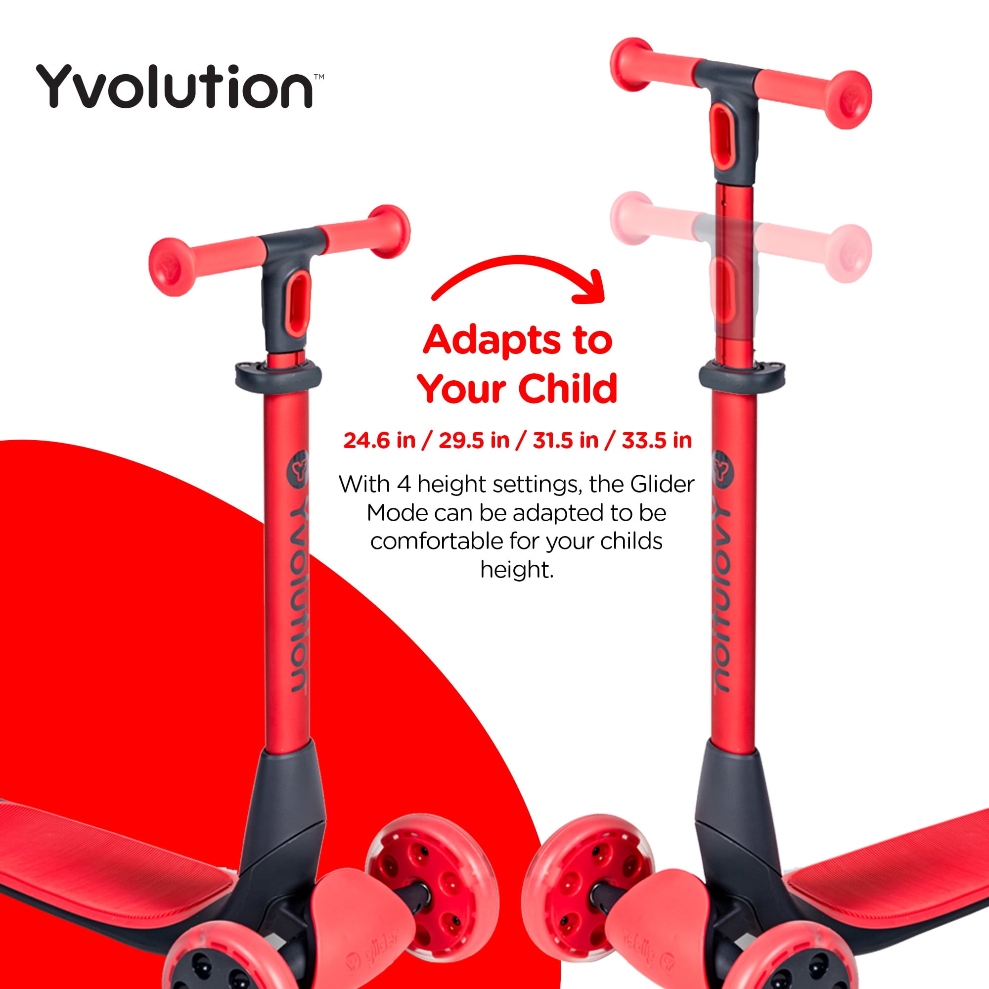 Yvolution Glider Nua Red 3-Wheel Kids Scooter Light-up Wheels Adjustable for Boys or Girls Age 3+