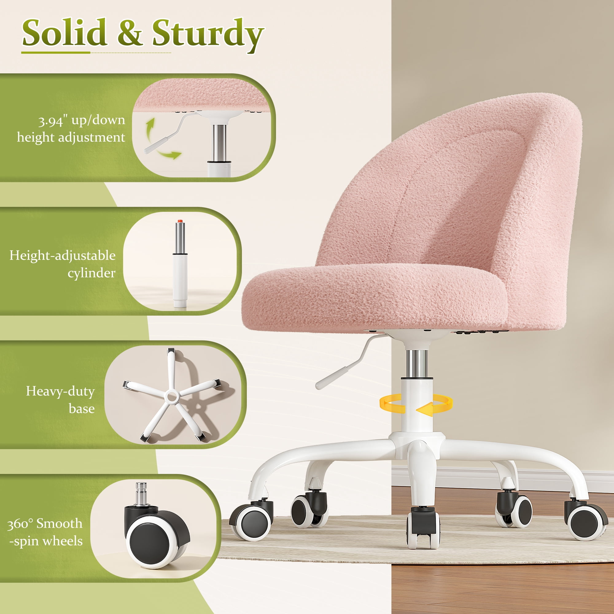 Romorgniz Vanity Chair Height Adjustable Desk Chair with Wheels, Armless Office Chair with Soft Lumbar Support for Small Space, Bedroom, Home office, Blush Pink