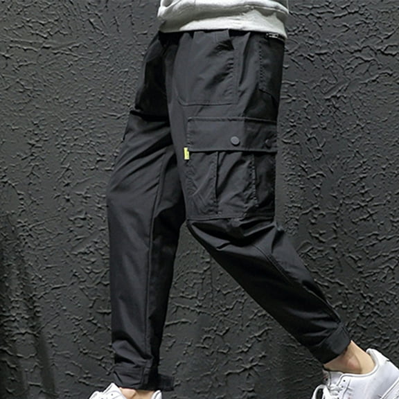 Handshe Men's Cargo Pants Solid Color with Elastic Waistband, Drawstring Pockets and Tapered Leg