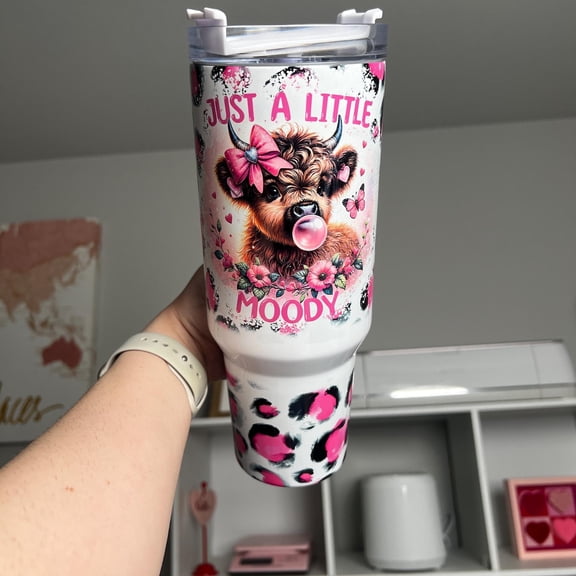 Just A Little Moody 40oz tumbler, Funny quencher, Cow Print custom tumbler
