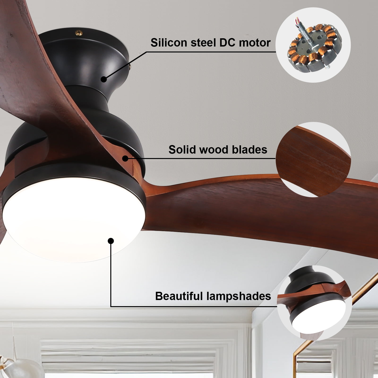 Sofucor 52-Inch Modern Flush Mount Ceiling Fan with LED Light and Remote Control