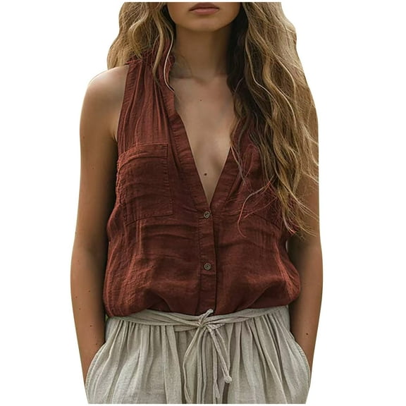 Women's Summer Sleeveless Deep V Neck Tank Tops Loose Cotton Linen Button Down Shirts for Dressy Casual