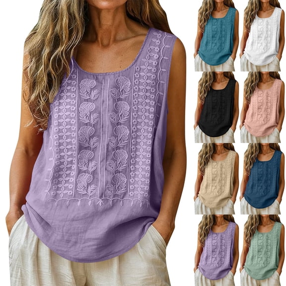 Inverlee Women's Embroidered Linen Tank Tops Sleeveless Round Neck Bottoms Summer Casual Lightweight Camisoles Blue XXL