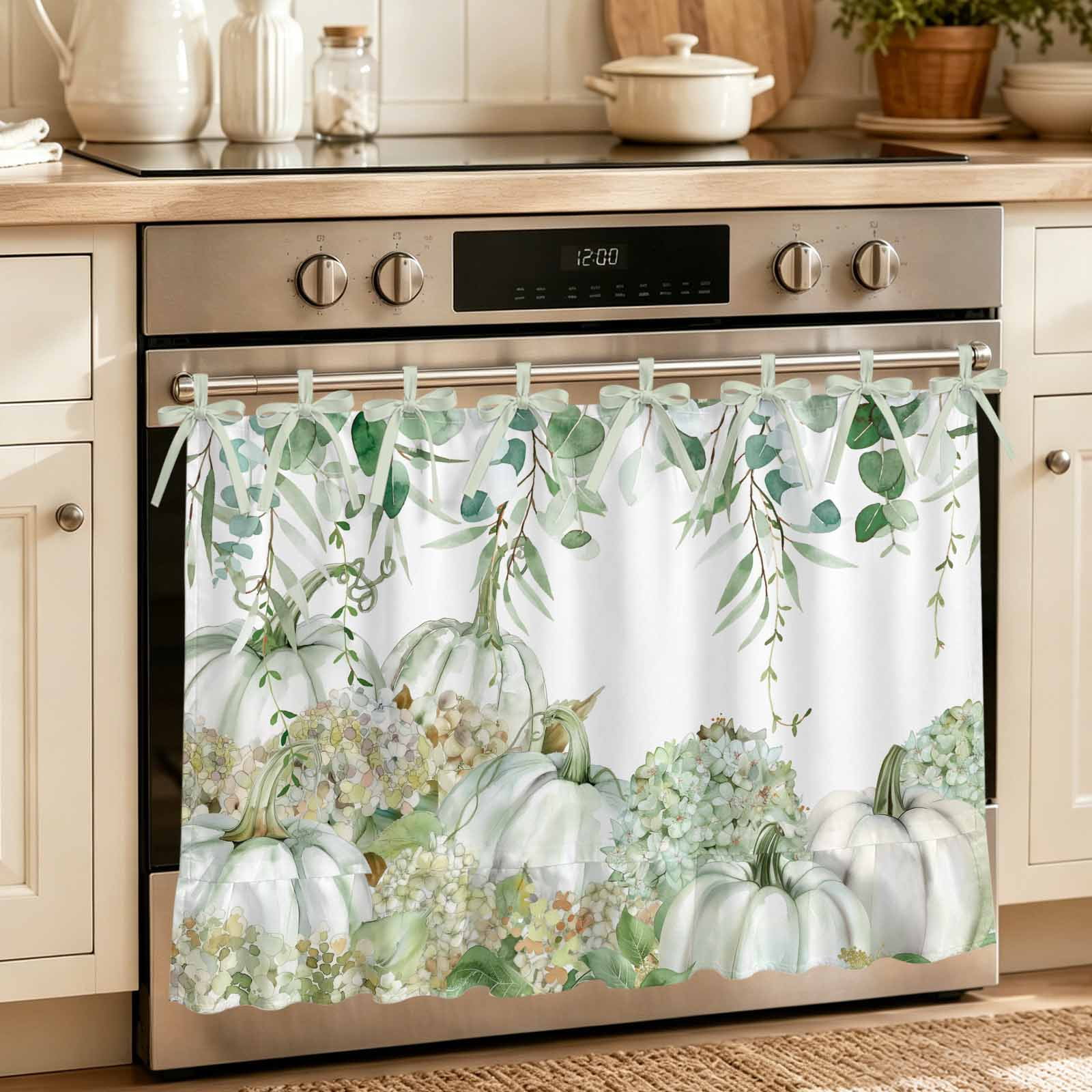 Oven Curtain for Kitchen Fall Thanksgiving Pumpkins Hydrangea Stove Curtain With Ruffled Trim Dishwasher Curtains Farm Plants Green Gradient Oven Skirt 27 x20