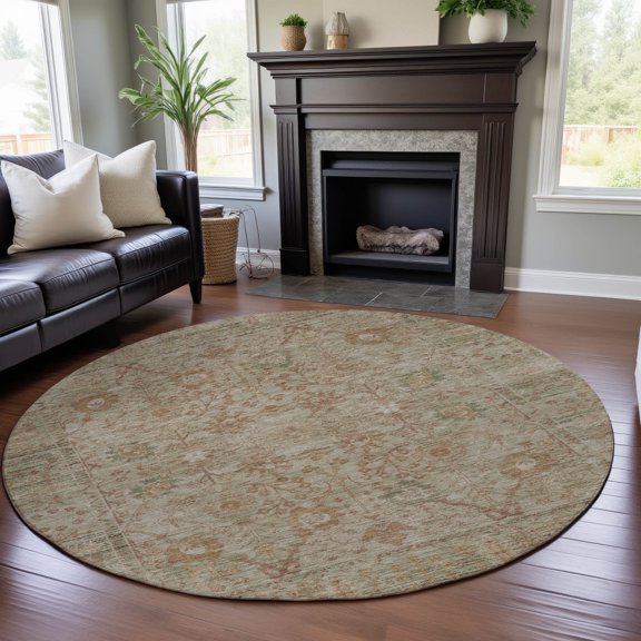 Addison Rugs Mayfield Premium Machine Washable Traditional Global Beige Round Rug, 8' x 8'