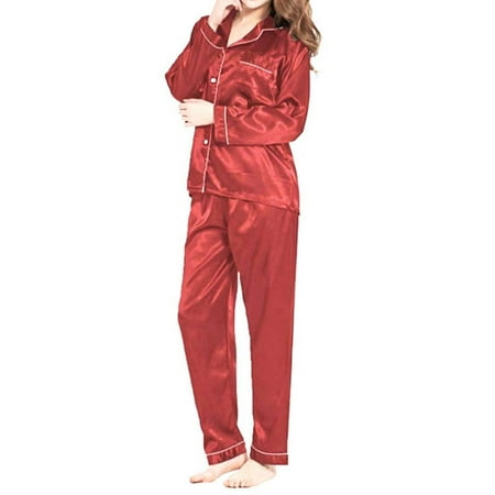 

mlpeerw Womens LongPajamas Set Button Closure Silk-like Satin Sleepwear with Pants