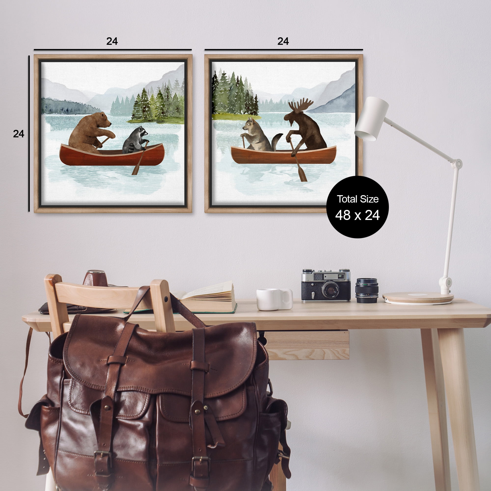 Stupell Industries Woodland Animals on Canoes Animals & Insects Painting Brown Floater Framed Canvas Art Print Wall Art, 25 x 25, Set of 2