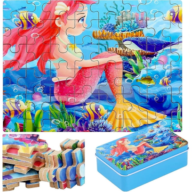 60-Piece Wooden Puzzles for Kids Ages 4-8, Puzzles for Girls and Boys, Educational Creative Toys, Gifts for Children (Mermaid)