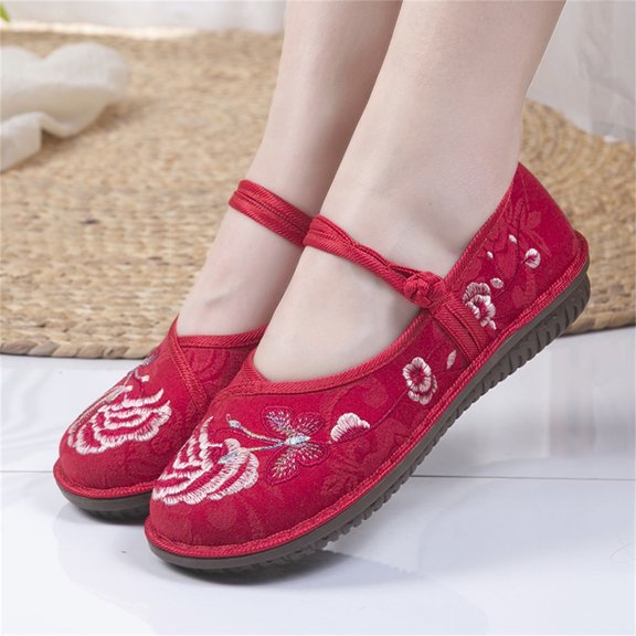 AUDeals Women's Summer Flats, Round Toe Embroidered Shoes with Casual Comfort for Spring and Daily Wear (Red, 7.5)