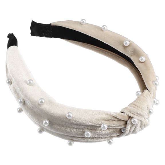 Unique Bargains 1 Pc Bling Twisted Faux Pearl Velvet Headband Headwear Hairband for Women Beige 1.2 Inch Wide