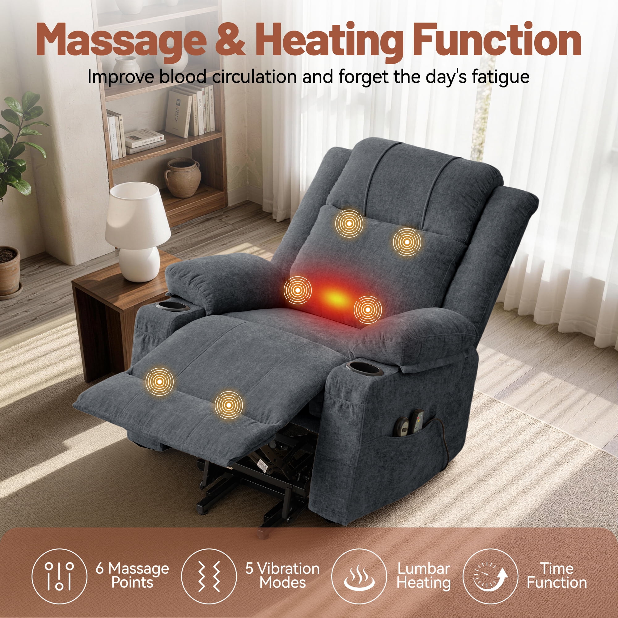Korser Power Lift Recliner Chair for Elderly with Massage and Heat,Electric Lift Reclining Chair with Side Pockets and Cup Holders,Massage Recliner Chair for Living Room,Chenille,Dark Grey