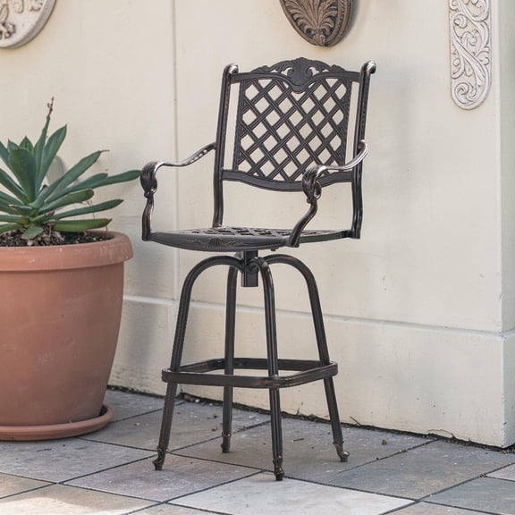 GZXS Traditional Outdoor Swivel Barstool, Weather-Resistant Aluminum Patio Chair with Cabriole Legs, Rolled Arms, Diamond Lattice Back and Seat, Copper Finish