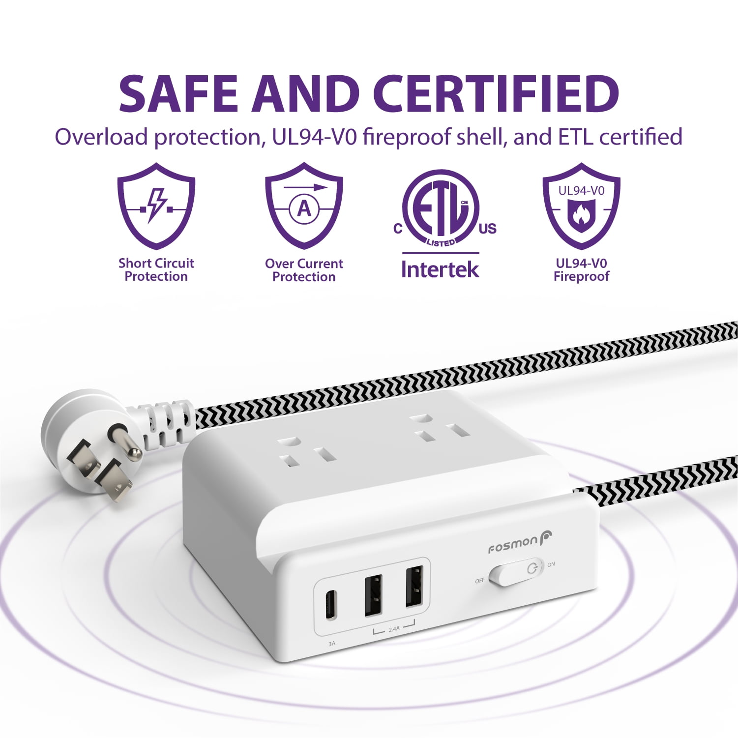 Fosmon 2-Pack Desk Power Strip With USB C, 4 Outlets+3 USB Charger Charging Outlet, Desktop USB Power Station, 5ft Braided Extension Cord for Travel, Cruise Ship, ETL Listed