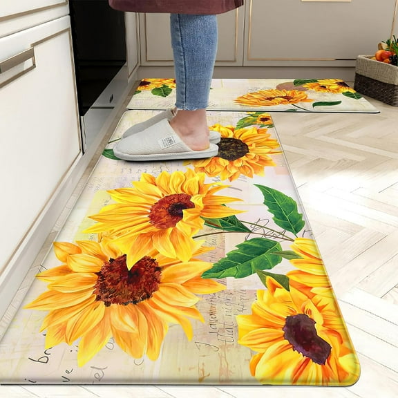Sunflower Kitchen Rugs Decor Set of 2 Anti Fatigue Yellow Vintage Floral Farmhouse Non-Skid Kitchen Floor Mats Comfort Standing Mat Waterproof Sink Carpet (17.3 x 28 inch 17.3 x 47 inch)