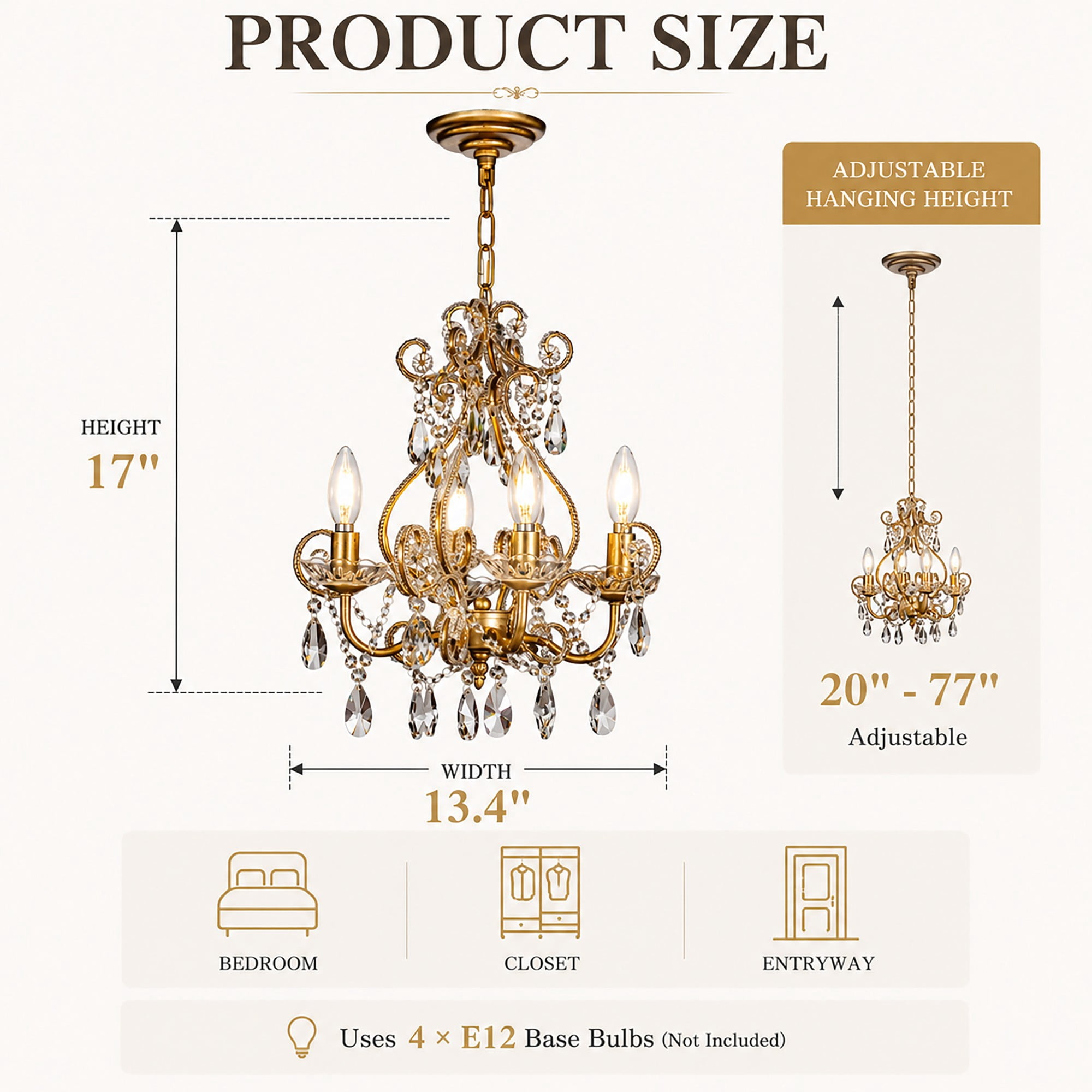 4-Light Antique Gold Crystal Candlestick Chandelier with Teardrop Beads Chandelier