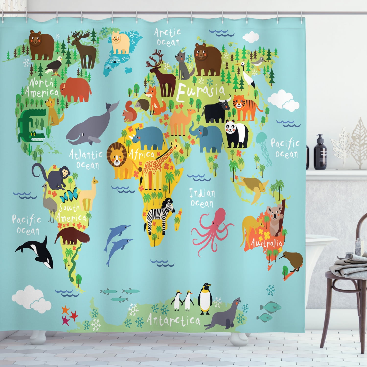 Animal Map for Kid Bathroom Fabric Shower Curtain Set Waterproof 71Inch Long 