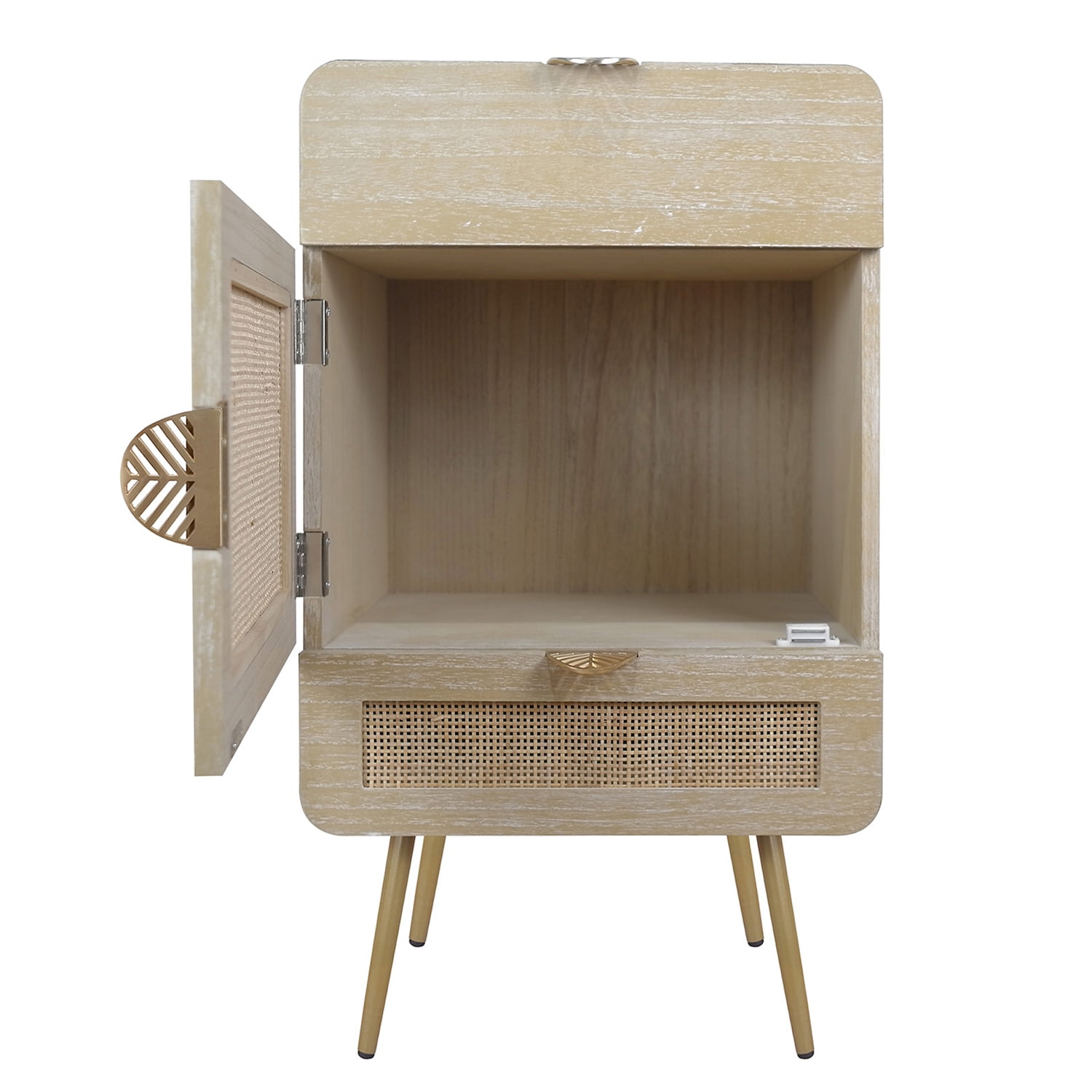Kepooman Wooden Nightstand with One Cabinet and Metal Feet, Natural Rattan 2 Drawer Nightstand, Natural Kepooman Wooden Nightstand with One Cabinet and Metal Feet, Natural Rattan 2 Drawer Nightstand, Natural