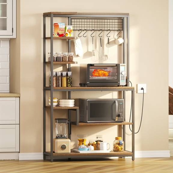 CRXX 7-Tier Kitchen Bakers Rack – Multi-Functional Microwave Oven Stand with Built-in Power Outlet, Coffee Bar Shelf & Adjustable Storage for Cookware, Spices | Space-Saving Kitchen Organizer