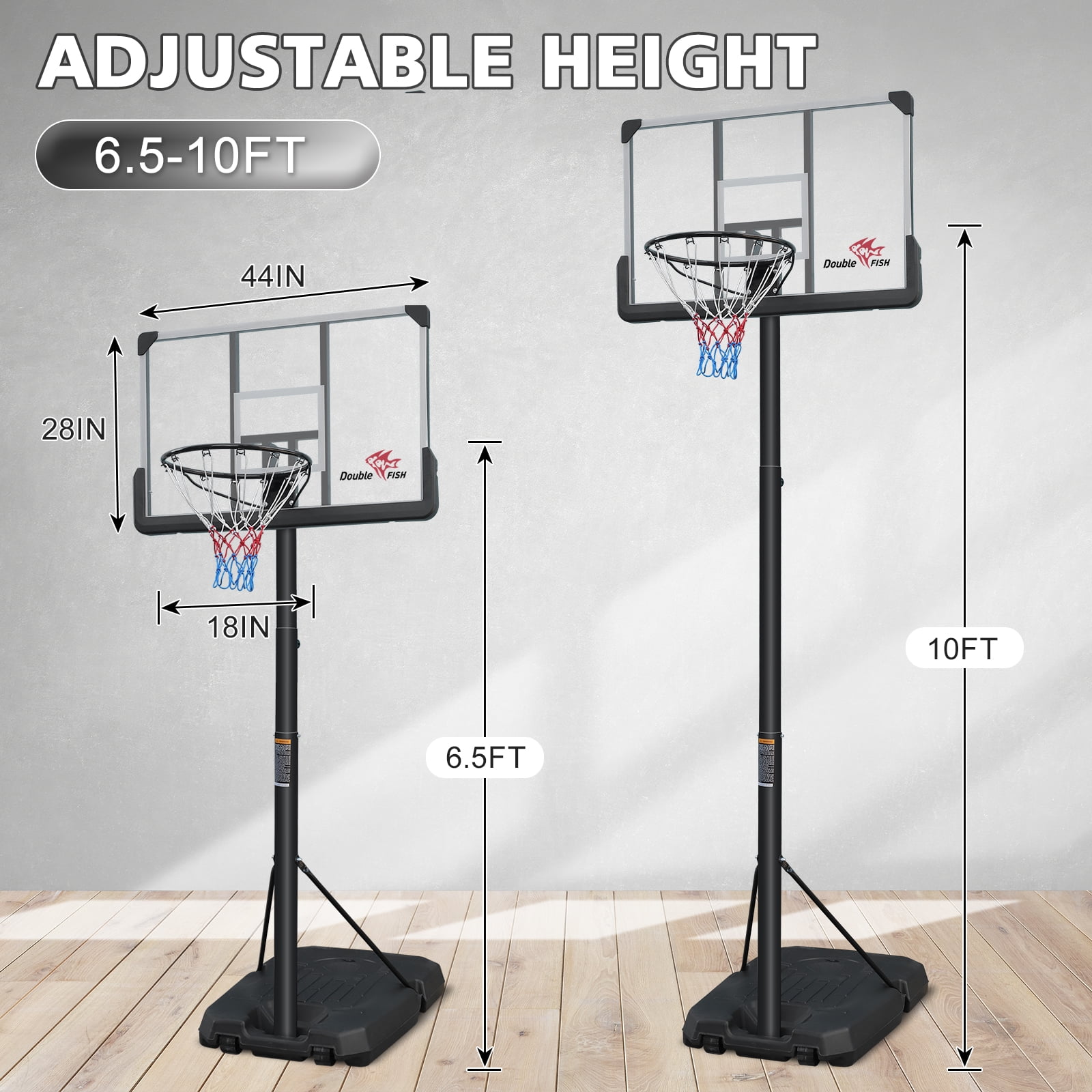 [Adjustable Basketball Goal] Height Adjustable 6.5 Ft-10 Ft Basketball Hoop - 44'' Basketball Rebound, Portable Wheels, And Sturdy Base - Rust-Proof For Adults And Youth