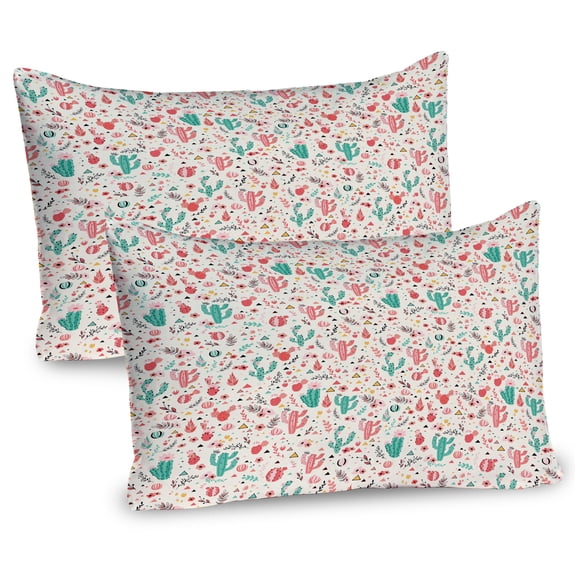 Botanical Pillow Sham Set of 2, Spring Blooms with Cactus Flower Bouquets Foliage Exotic Plants, Quality Microfiber Bedding Item for All Seasons, 26" x 20", Dark Coral Sea Green, by Ambesonne