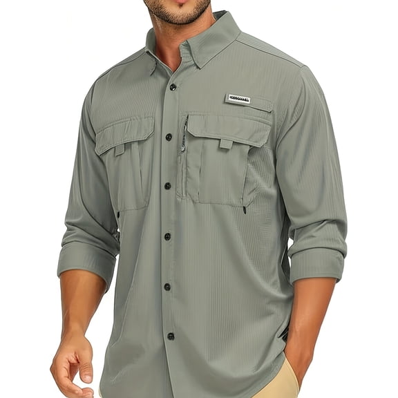 Fredd Marshall Men's Long Sleeve Cotton Work Shirt, Casual Outdoor Cargo Button-Up Shirt with Multiple Pockets