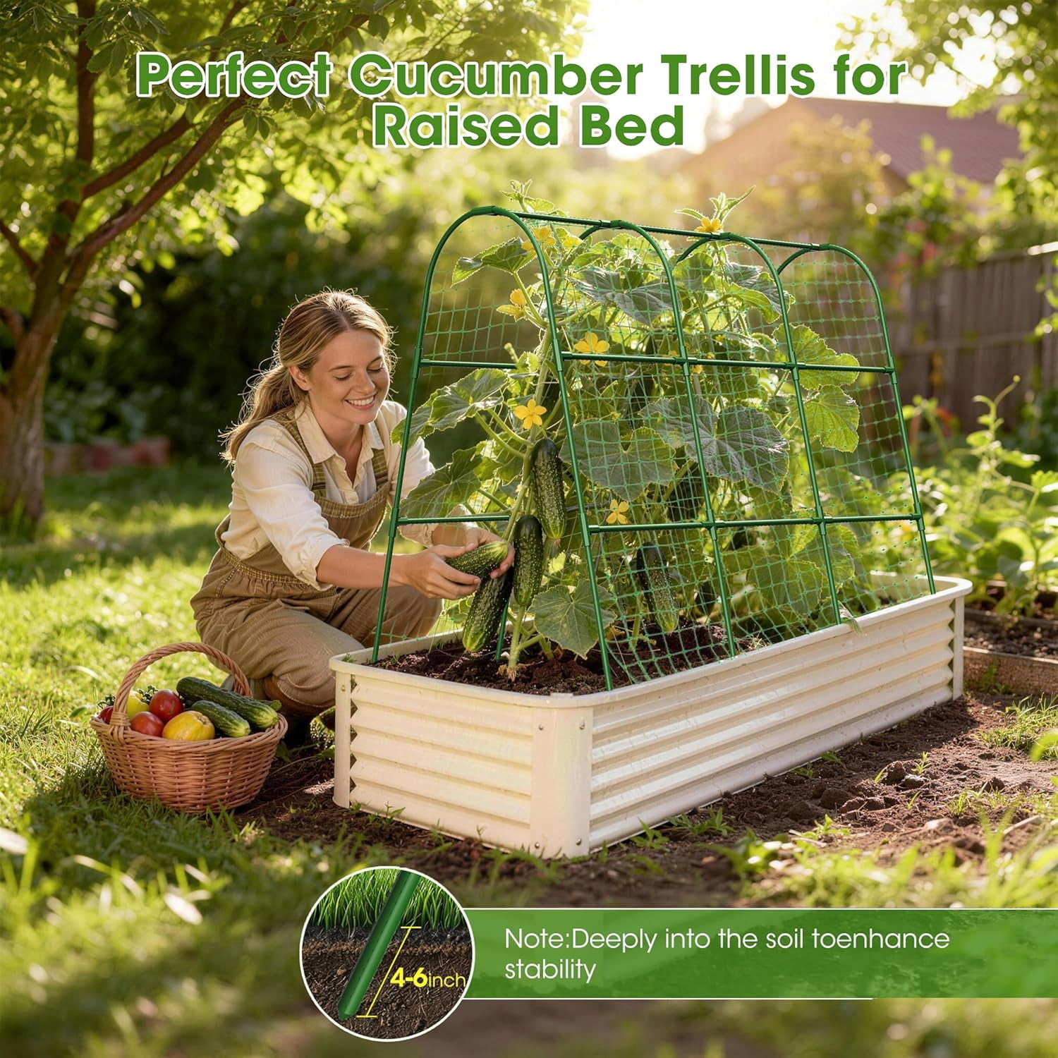 Cucumber Trellis for Raised Bed,U-Shape Garden Trellis for Climbing Plants Outdoor, Metal Arch Vegetables Trellis, Plant Support for Vine (Green, 47.2x47.2 X21.6)