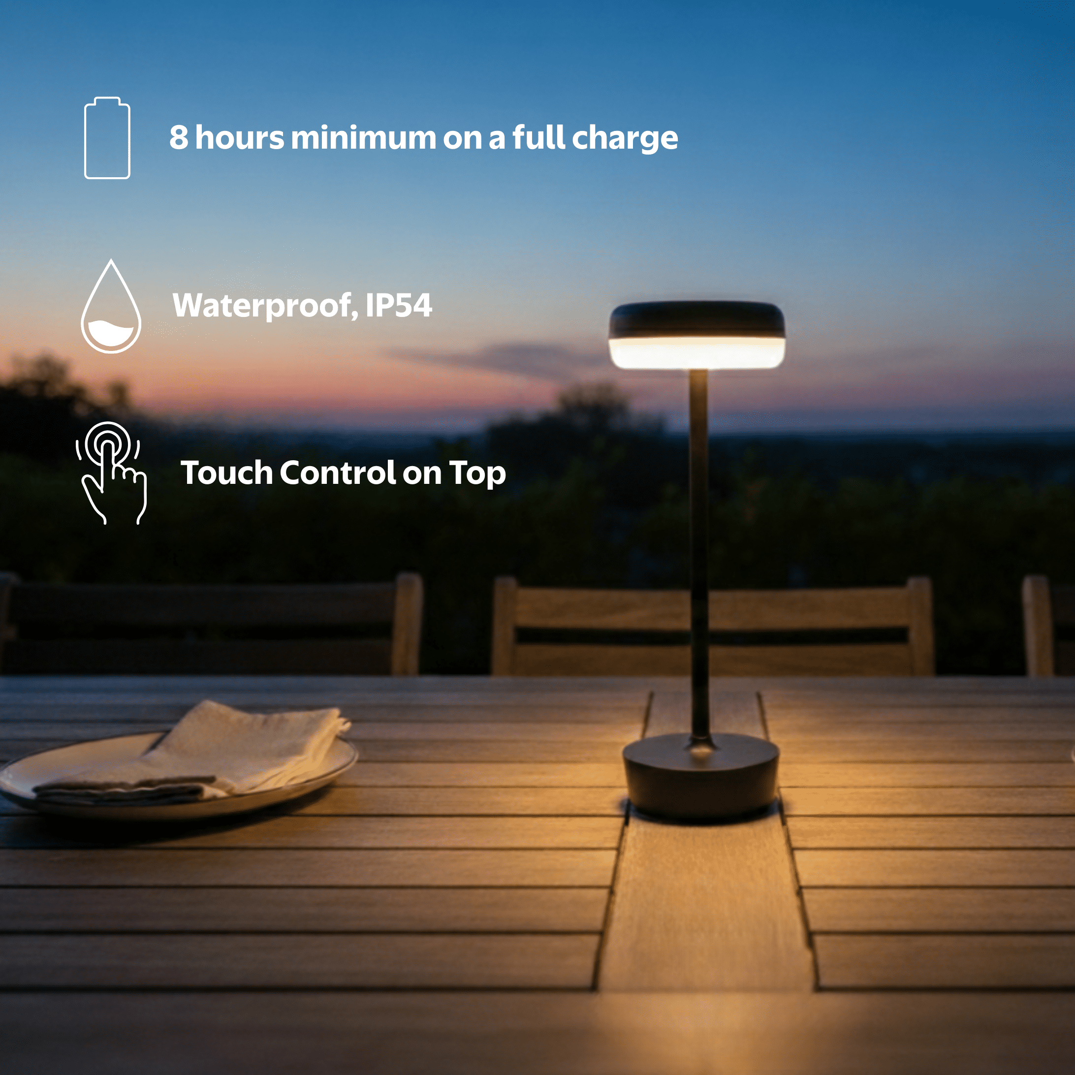Mainstays 12-Inch Outdoor Rechargeable Table Lamp, Black, Water-Resistant, 100 Lumens