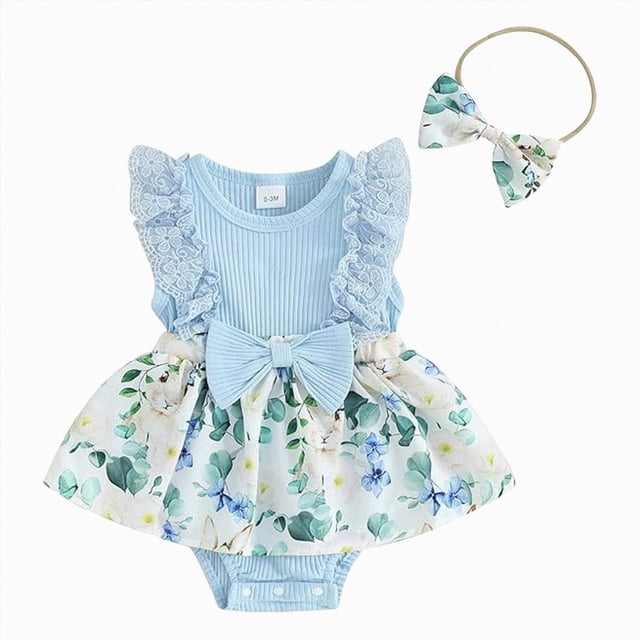 NIEWTR Barboteuse à Blocs de Couleur à Fleurs pour Bébé Fille, Manches Courtes, Col Ras du Cou, Robe Décontractée d'Été, Tenue (Bleu Pâle, 6-9 Mois)
