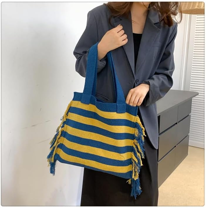 JennyShop Trendy Knitted Shoulder Handbag Striped Tote Bag with Tassel Decoration Color Blocked Crochet Underarm Bag
