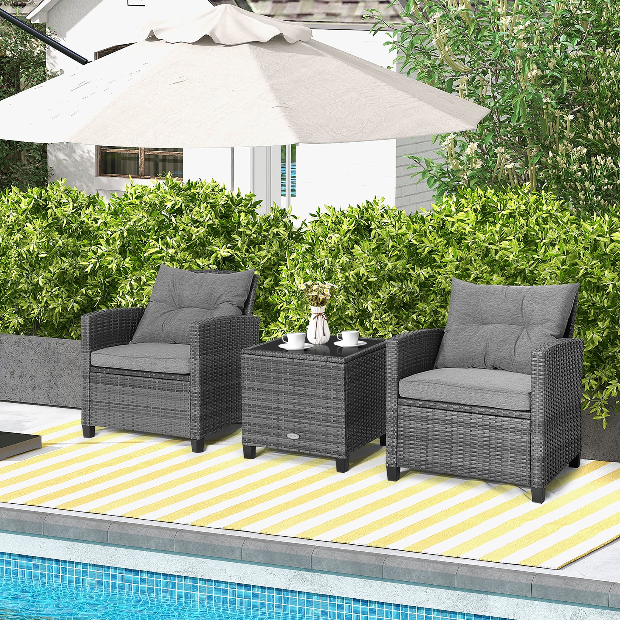 Costway 3PCS Patio Rattan Furniture Bistro Set  Cushioned Sofas Side Table Armrest Grey