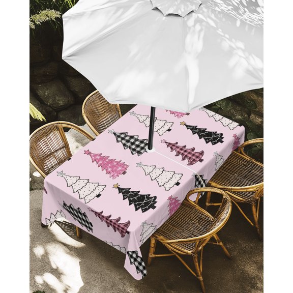 Outdoor Tablecloth with Umbrella Hole, Cartoon Pink White Christmas Trees Zippered Table Cloth for Rectangle Tables, Pink Background Washable Waterproof Tablecloths for Picnic Patio Garden