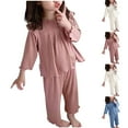 thumbnail image 4 of Odeerbi 2-8 Years Toddler Girls Summer Cotton Pajamas Lettuce Trim Long Sleeve Tops Pants Set Soft Rib Knit Loungewear Solid Color Sleepwear Two-piece Pajama Set Toddler Girls Clothes, 4 of 4