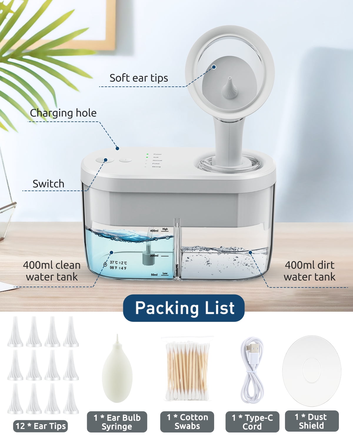 Electric Ear Wax Removal Kit,Electric Ear Wax Removal Tool, Ear Cleaning Kit with Automatic Sewage System, 4 Cleaning Modes, 3 Wash Tips, 10min Auto Off,White