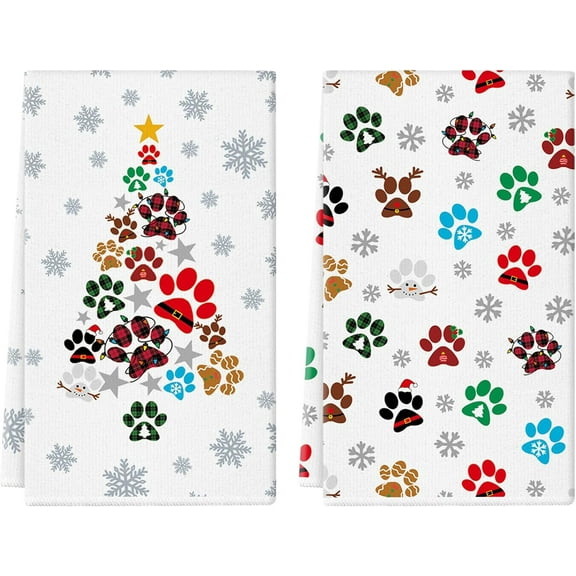 Christmas Kitchen Towels Dog Paw 18 x 26 Inch Set of 2 Dish Towels Hand Towels for Winter Holiday Home Indoor Bathroom Party Dining Decor Gifts