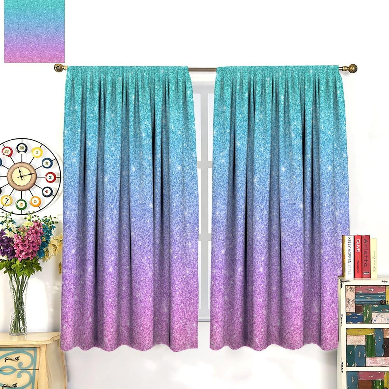 Mermaid Blackout Curtains Pink Blue Gradient Color Beautiful Fantasy Mermaid Scales Kids Girls Bedroom Living Room Bathroom Rod Pocket Decoration Window Drapes 2 Panels W42xL84in
