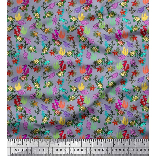 Soimoi Poly Georgette Fabric Coral,Starfish & Turtle Ocean Fabric Prints by Yard 52 Inch Wide