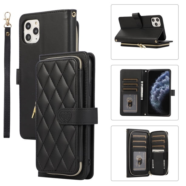 YEYKX Cartera for iPhone 11 Pro de 5,8 Pulgadas con Correa para Muñeca/hombro, 9 Ranuras para Tarjetas, Monedero con Cierre, Soporte de Cuero de Lujo, Funda Cell Phone a Cuadros, Negro