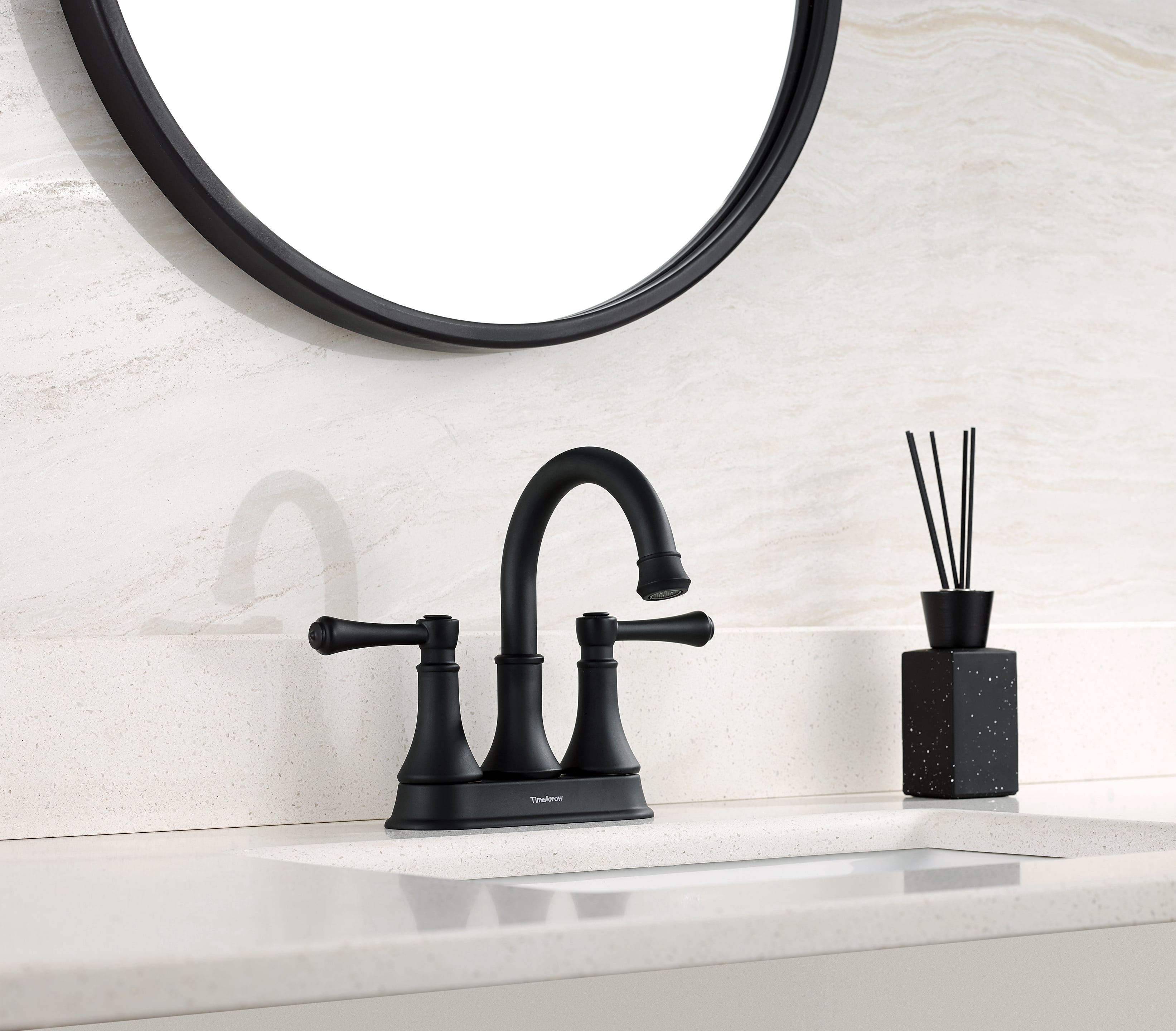 Matte Black 4 Inch Centerset Bathroom Faucet Vanity Lavatory Faucet for 3 Holes with Pop up Drain and 360° Swivel Brass Spout, TAF067Y-MB