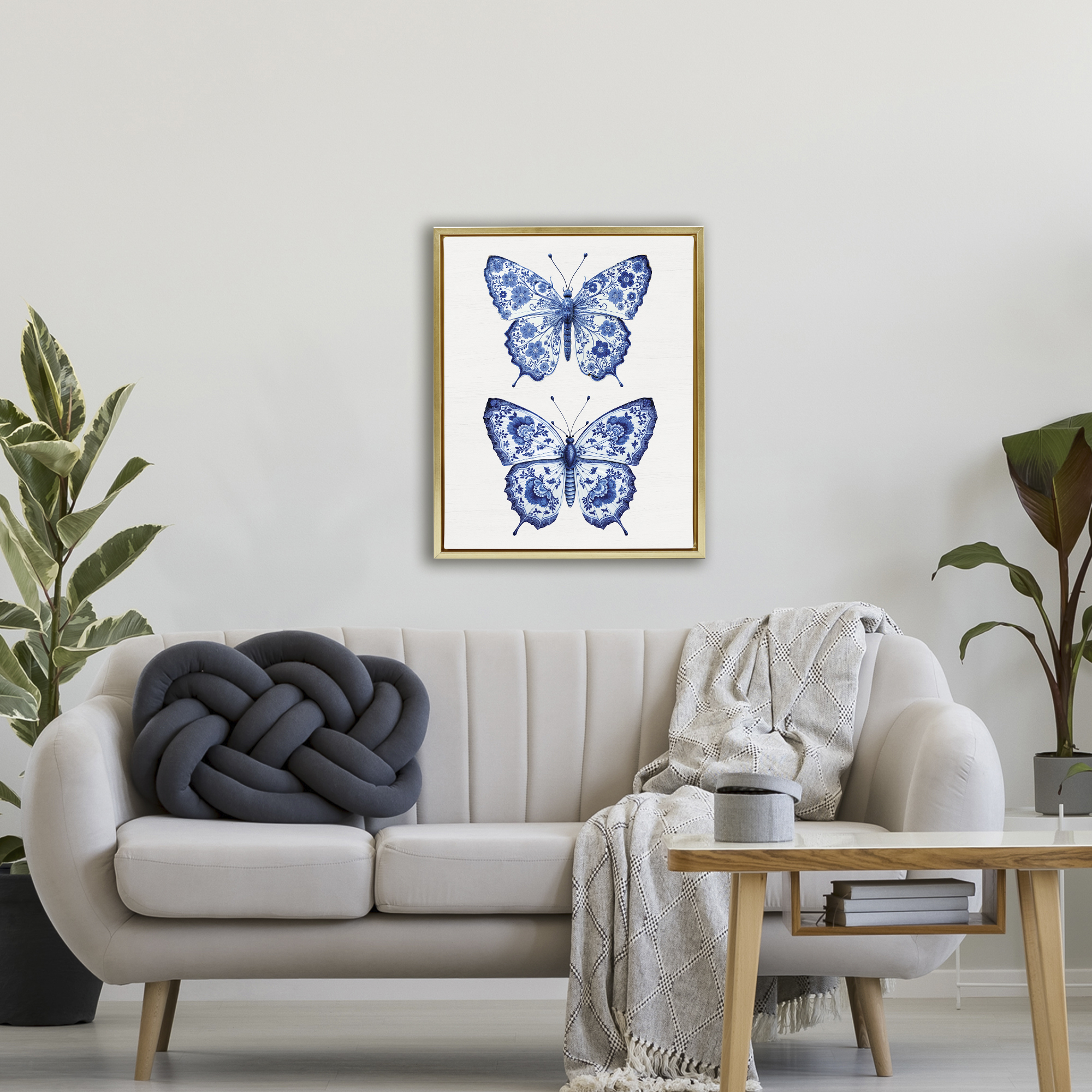 Ornate Toile Pattern Butterflies Gold Framed Floater Canvas Wall Art, design by Lettered and Lined