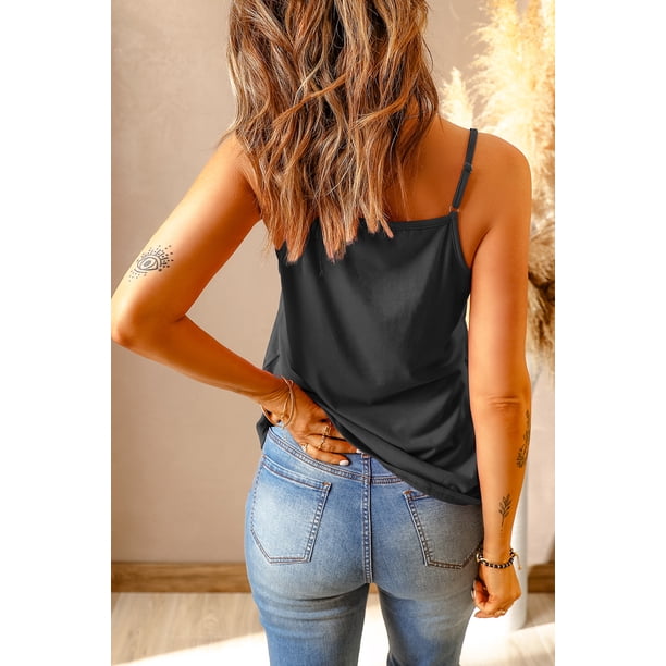 ABPHQTO Top de tirantes con cuello en V y empalme de encaje negro para mujer