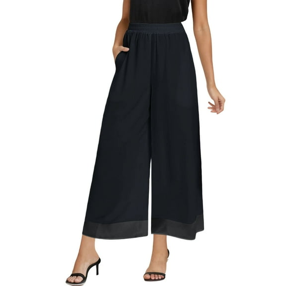 Lixiuxyad Women's Pants Women's Flowy Wide Leg Casual Pants High Waisted Elastic Waistband Lightweight Chiffon Comfortable Trousers With Pockets Black