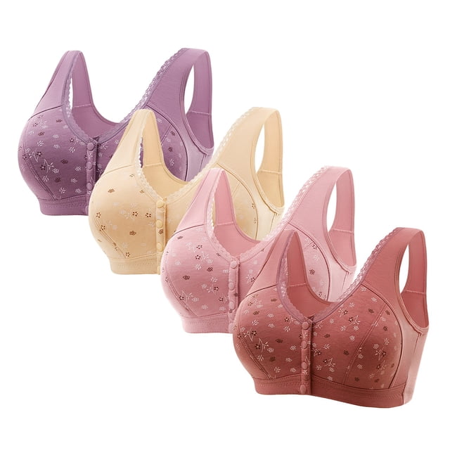 ylioge 4 Pack S-6XL Womens Bras Plus Size Front Closure Wireless Bralettes Push Up Soft-Cotton Multipack Breathable Support Underwear Bra