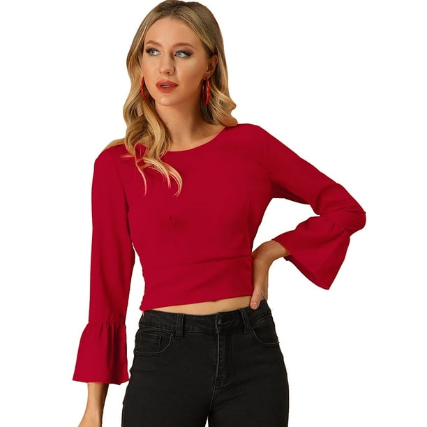 INSPIRE CHIC Blusa De Fiesta Ligera Con Lazo En La Espalda Y Mangas Acampanadas Para Mujer Rojo S
